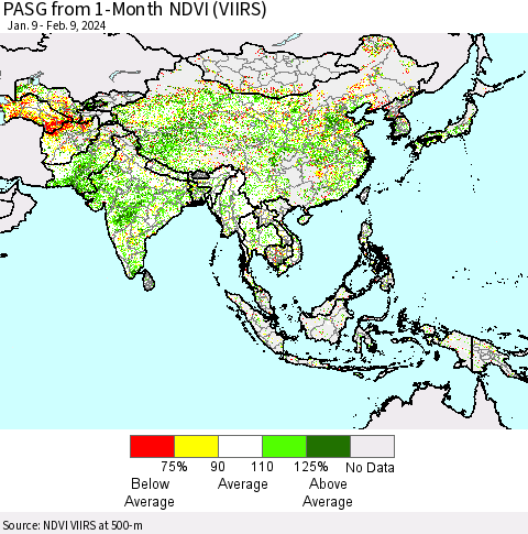 Asia PASG from 1-Month NDVI (VIIRS) Thematic Map For 2/2/2024 - 2/9/2024