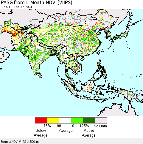 Asia PASG from 1-Month NDVI (VIIRS) Thematic Map For 2/10/2024 - 2/17/2024