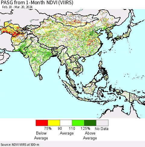 Asia PASG from 1-Month NDVI (VIIRS) Thematic Map For 3/13/2024 - 3/20/2024