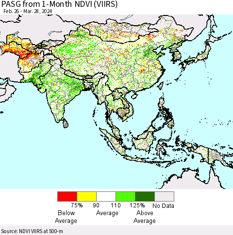 Asia PASG from 1-Month NDVI (VIIRS) Thematic Map For 3/21/2024 - 3/28/2024