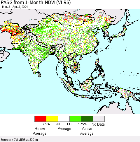 Asia PASG from 1-Month NDVI (VIIRS) Thematic Map For 3/29/2024 - 4/5/2024