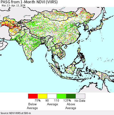 Asia PASG from 1-Month NDVI (VIIRS) Thematic Map For 4/6/2024 - 4/13/2024