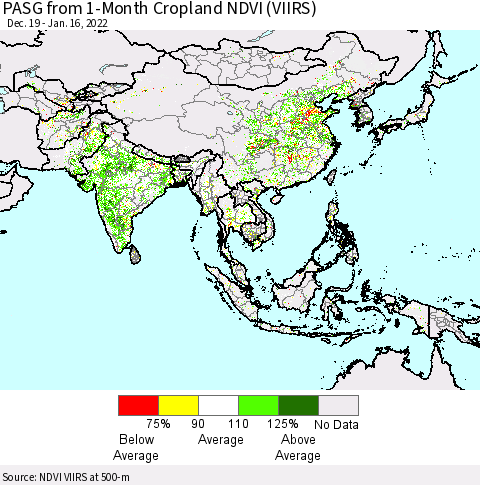 Asia PASG from 1-Month Cropland NDVI (VIIRS) Thematic Map For 1/9/2022 - 1/16/2022