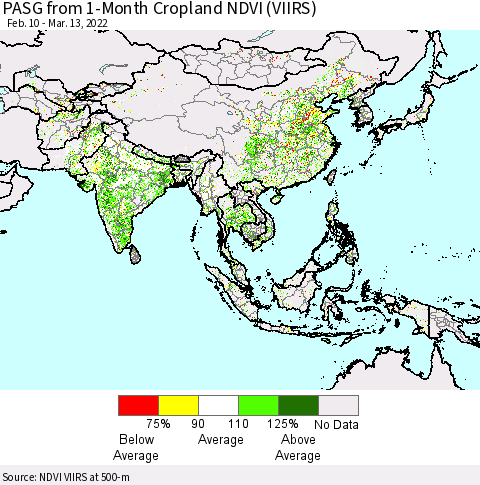 Asia PASG from 1-Month Cropland NDVI (VIIRS) Thematic Map For 3/6/2022 - 3/13/2022