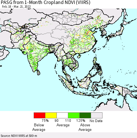 Asia PASG from 1-Month Cropland NDVI (VIIRS) Thematic Map For 3/14/2022 - 3/21/2022
