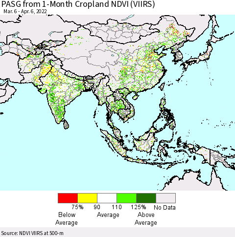 Asia PASG from 1-Month Cropland NDVI (VIIRS) Thematic Map For 3/30/2022 - 4/6/2022