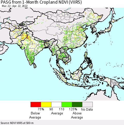 Asia PASG from 1-Month Cropland NDVI (VIIRS) Thematic Map For 4/15/2022 - 4/22/2022