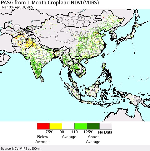 Asia PASG from 1-Month Cropland NDVI (VIIRS) Thematic Map For 4/23/2022 - 4/30/2022