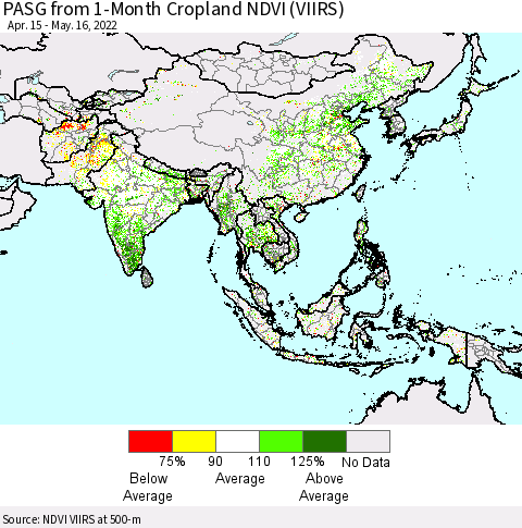 Asia PASG from 1-Month Cropland NDVI (VIIRS) Thematic Map For 5/9/2022 - 5/16/2022