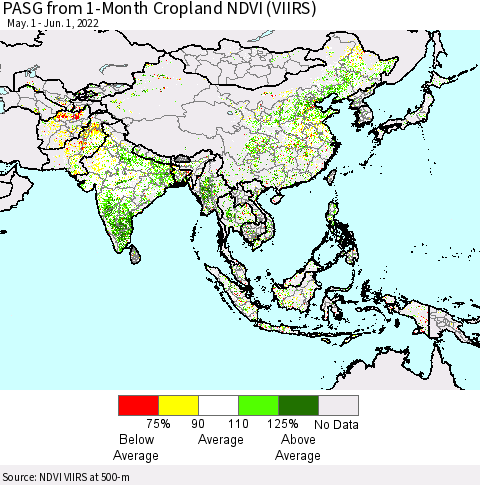 Asia PASG from 1-Month Cropland NDVI (VIIRS) Thematic Map For 5/25/2022 - 6/1/2022