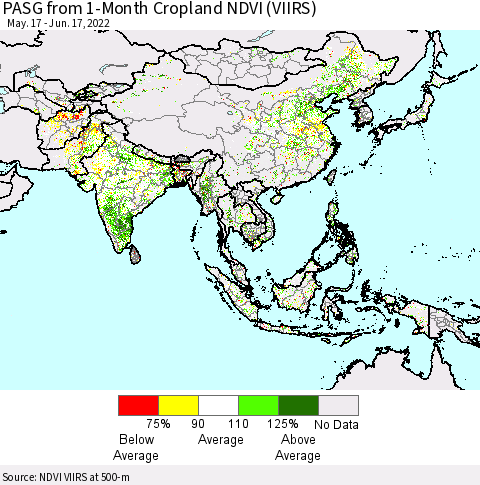 Asia PASG from 1-Month Cropland NDVI (VIIRS) Thematic Map For 6/10/2022 - 6/17/2022