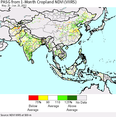 Asia PASG from 1-Month Cropland NDVI (VIIRS) Thematic Map For 6/18/2022 - 6/25/2022