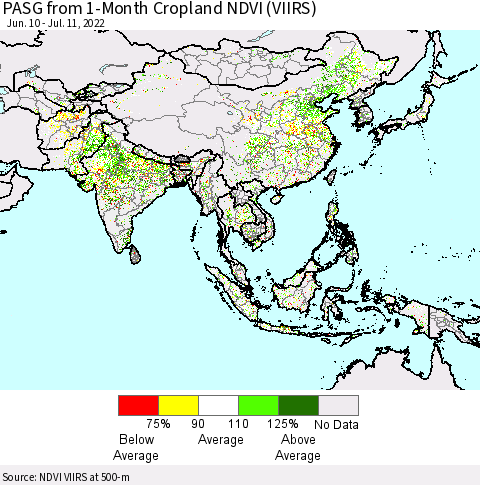 Asia PASG from 1-Month Cropland NDVI (VIIRS) Thematic Map For 7/4/2022 - 7/11/2022