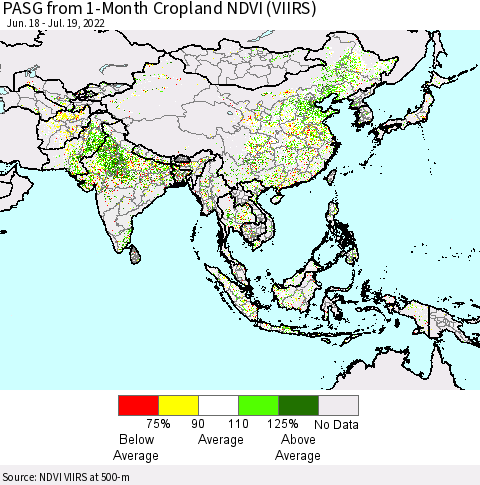 Asia PASG from 1-Month Cropland NDVI (VIIRS) Thematic Map For 7/12/2022 - 7/19/2022