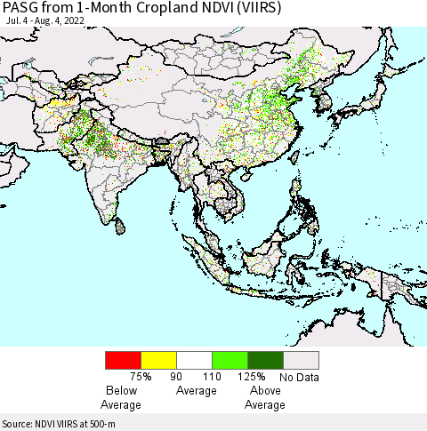 Asia PASG from 1-Month Cropland NDVI (VIIRS) Thematic Map For 7/28/2022 - 8/4/2022