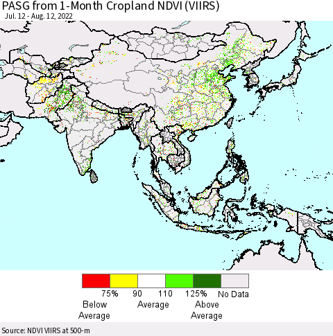 Asia PASG from 1-Month Cropland NDVI (VIIRS) Thematic Map For 8/5/2022 - 8/12/2022