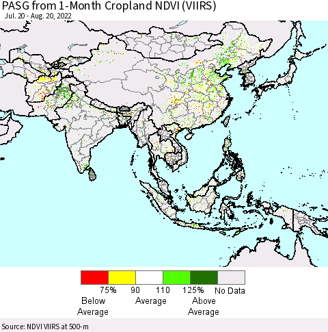 Asia PASG from 1-Month Cropland NDVI (VIIRS) Thematic Map For 8/13/2022 - 8/20/2022