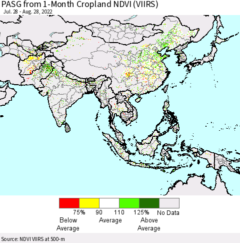 Asia PASG from 1-Month Cropland NDVI (VIIRS) Thematic Map For 8/21/2022 - 8/28/2022