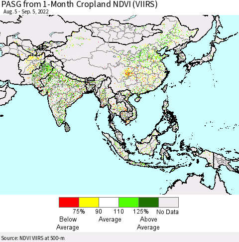 Asia PASG from 1-Month Cropland NDVI (VIIRS) Thematic Map For 8/29/2022 - 9/5/2022