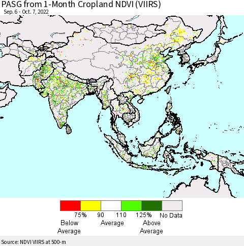 Asia PASG from 1-Month Cropland NDVI (VIIRS) Thematic Map For 9/30/2022 - 10/7/2022