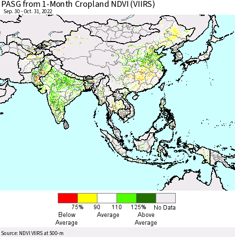 Asia PASG from 1-Month Cropland NDVI (VIIRS) Thematic Map For 10/24/2022 - 10/31/2022