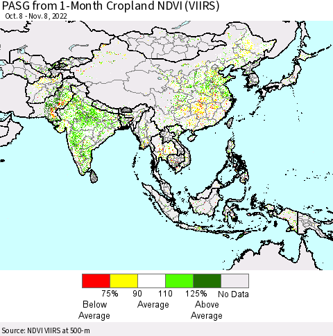 Asia PASG from 1-Month Cropland NDVI (VIIRS) Thematic Map For 11/1/2022 - 11/8/2022