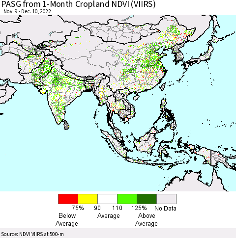 Asia PASG from 1-Month Cropland NDVI (VIIRS) Thematic Map For 12/3/2022 - 12/10/2022