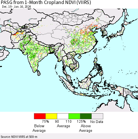 Asia PASG from 1-Month Cropland NDVI (VIIRS) Thematic Map For 1/9/2024 - 1/16/2024