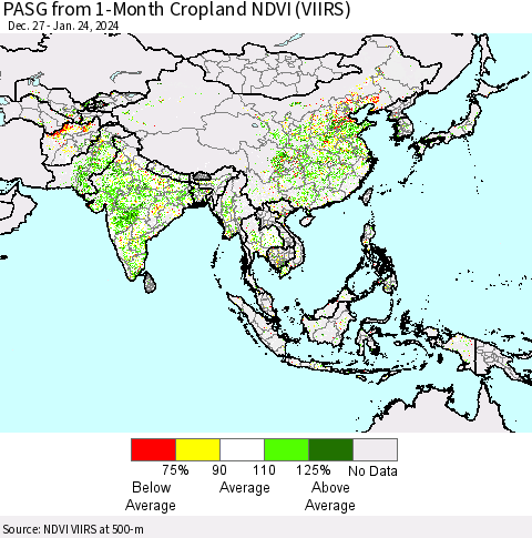 Asia PASG from 1-Month Cropland NDVI (VIIRS) Thematic Map For 1/17/2024 - 1/24/2024