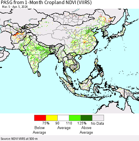 Asia PASG from 1-Month Cropland NDVI (VIIRS) Thematic Map For 3/29/2024 - 4/5/2024