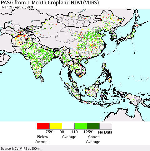 Asia PASG from 1-Month Cropland NDVI (VIIRS) Thematic Map For 4/14/2024 - 4/21/2024