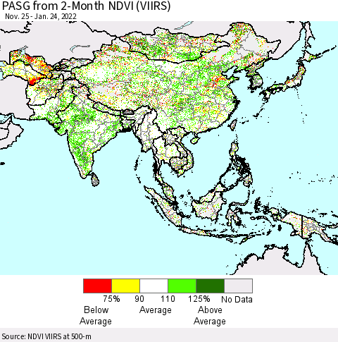 Asia PASG from 2-Month NDVI (VIIRS) Thematic Map For 1/17/2022 - 1/24/2022