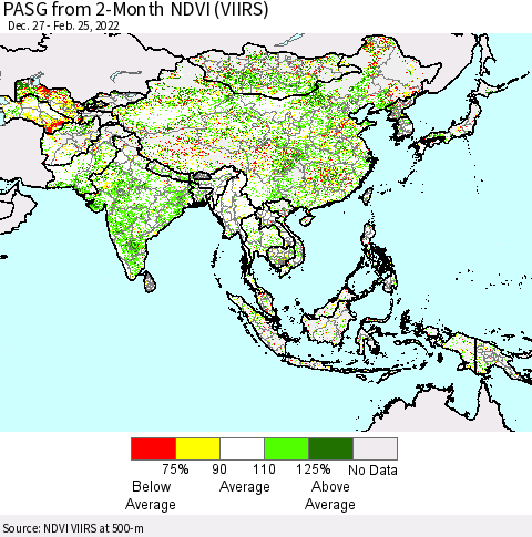Asia PASG from 2-Month NDVI (VIIRS) Thematic Map For 2/18/2022 - 2/25/2022