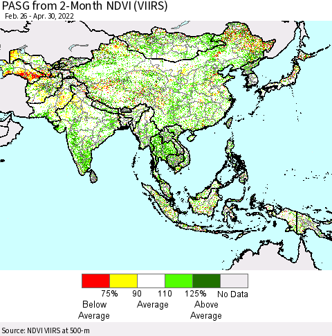 Asia PASG from 2-Month NDVI (VIIRS) Thematic Map For 4/23/2022 - 4/30/2022