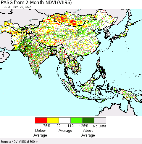 Asia PASG from 2-Month NDVI (VIIRS) Thematic Map For 9/22/2022 - 9/29/2022
