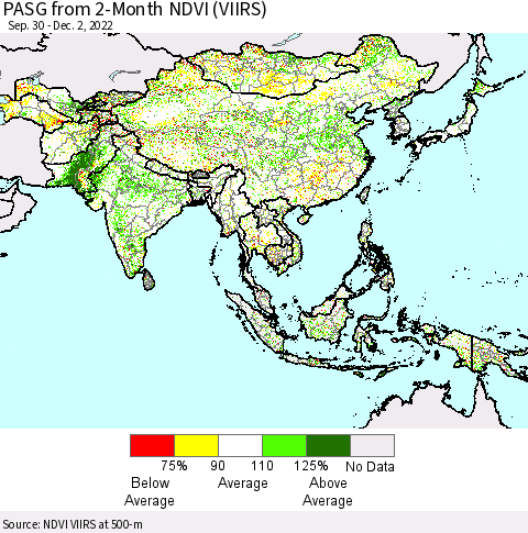 Asia PASG from 2-Month NDVI (VIIRS) Thematic Map For 11/25/2022 - 12/2/2022