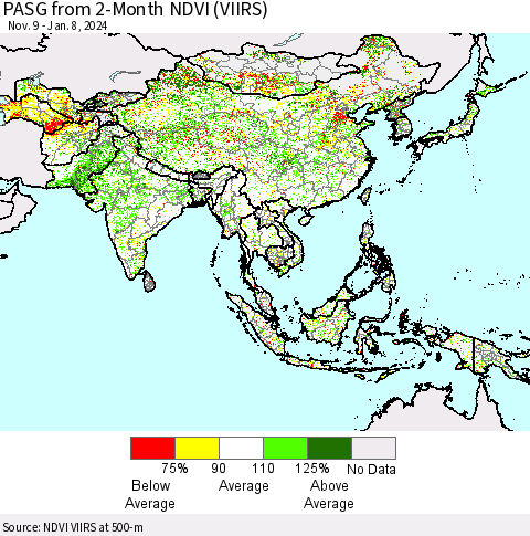 Asia PASG from 2-Month NDVI (VIIRS) Thematic Map For 1/1/2024 - 1/8/2024