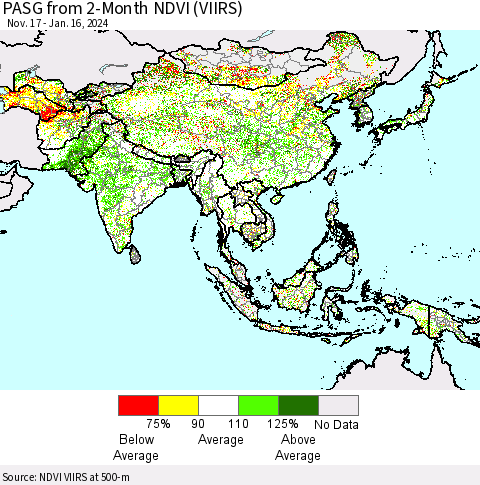 Asia PASG from 2-Month NDVI (VIIRS) Thematic Map For 1/9/2024 - 1/16/2024