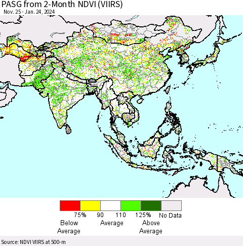Asia PASG from 2-Month NDVI (VIIRS) Thematic Map For 1/17/2024 - 1/24/2024