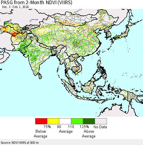 Asia PASG from 2-Month NDVI (VIIRS) Thematic Map For 1/25/2024 - 2/1/2024