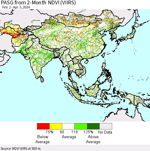 Asia PASG from 2-Month NDVI (VIIRS) Thematic Map For 3/29/2024 - 4/5/2024