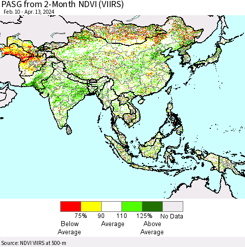 Asia PASG from 2-Month NDVI (VIIRS) Thematic Map For 4/6/2024 - 4/13/2024