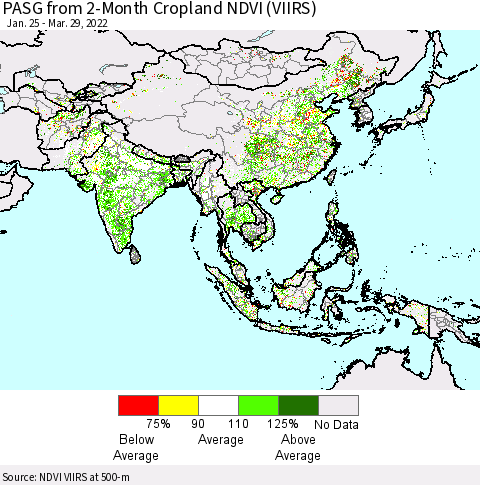 Asia PASG from 2-Month Cropland NDVI (VIIRS) Thematic Map For 3/22/2022 - 3/29/2022