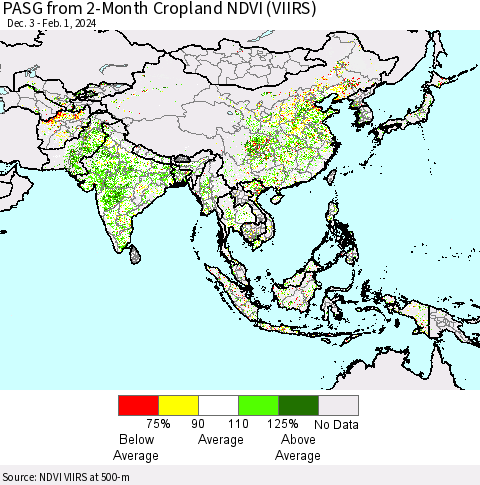 Asia PASG from 2-Month Cropland NDVI (VIIRS) Thematic Map For 1/25/2024 - 2/1/2024