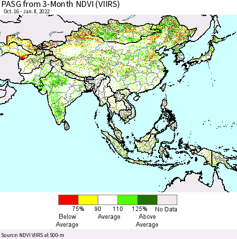 Asia PASG from 3-Month NDVI (VIIRS) Thematic Map For 1/1/2022 - 1/8/2022