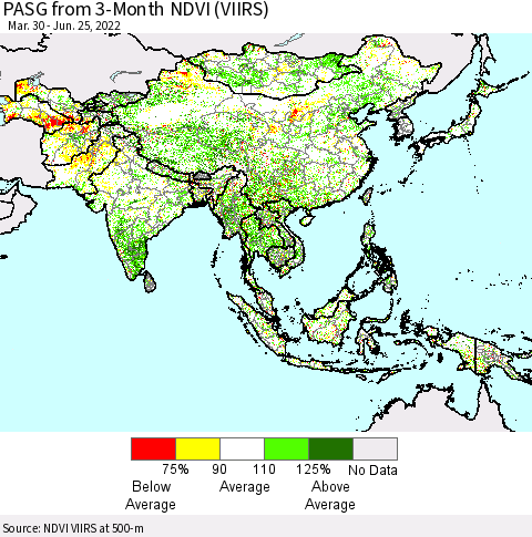 Asia PASG from 3-Month NDVI (VIIRS) Thematic Map For 6/18/2022 - 6/25/2022