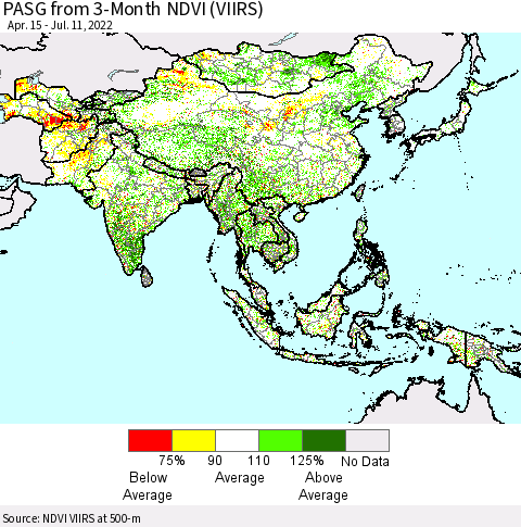Asia PASG from 3-Month NDVI (VIIRS) Thematic Map For 7/4/2022 - 7/11/2022