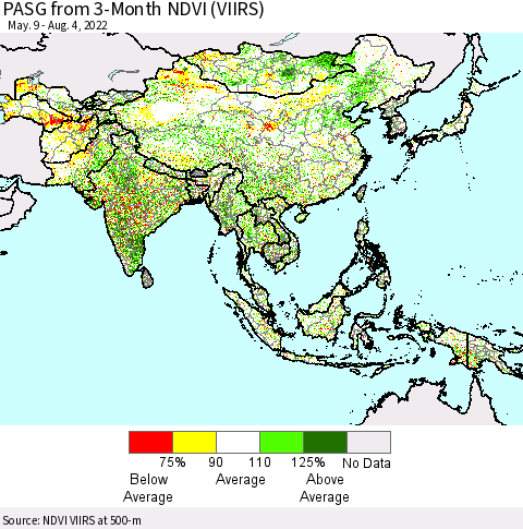 Asia PASG from 3-Month NDVI (VIIRS) Thematic Map For 7/28/2022 - 8/4/2022