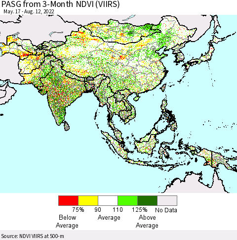 Asia PASG from 3-Month NDVI (VIIRS) Thematic Map For 8/5/2022 - 8/12/2022