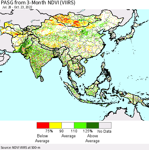 Asia PASG from 3-Month NDVI (VIIRS) Thematic Map For 10/16/2022 - 10/23/2022
